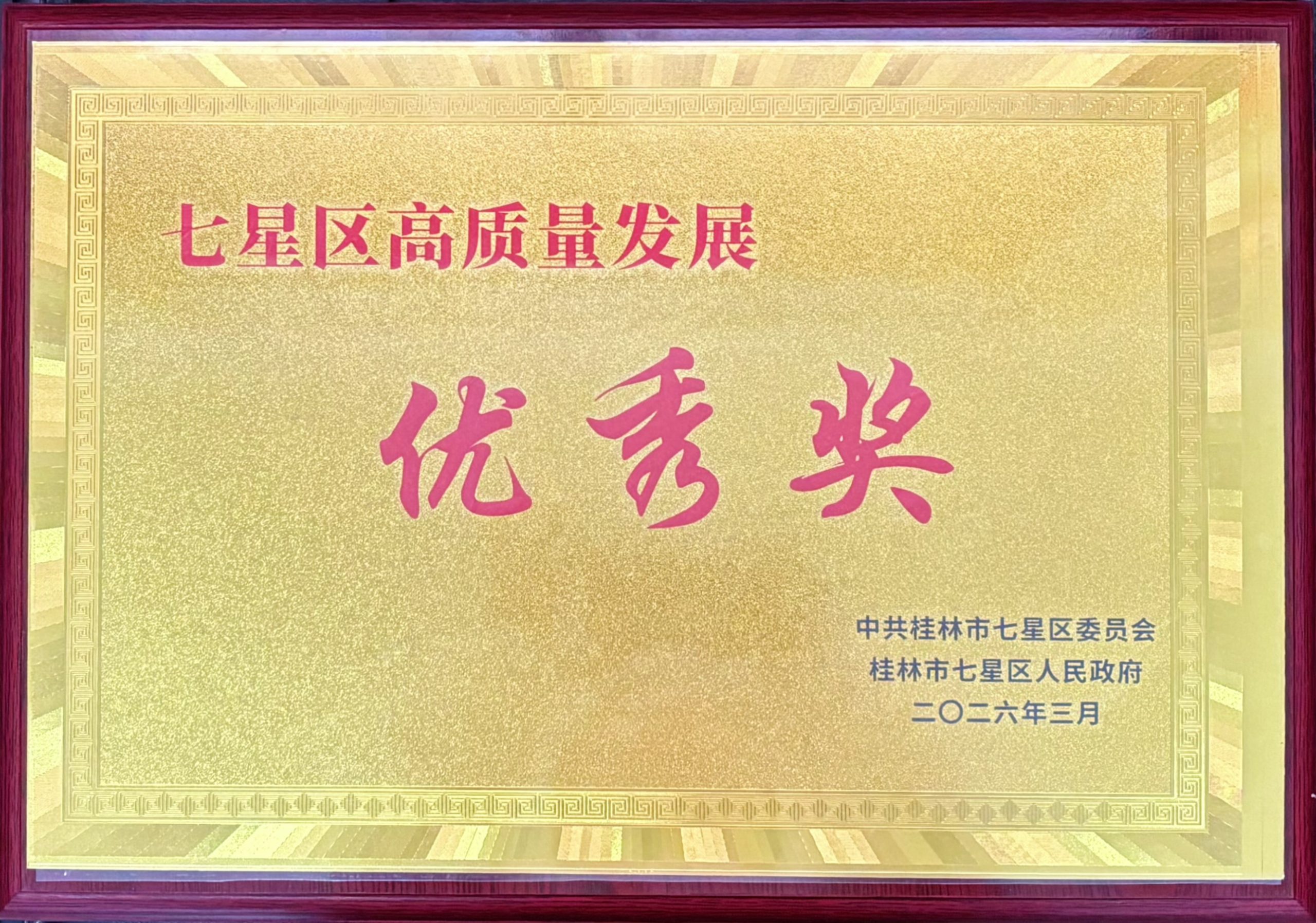 桂林漓佳公司榮獲桂林市七星區(qū)高質(zhì)量發(fā)展優(yōu)秀獎(jiǎng)