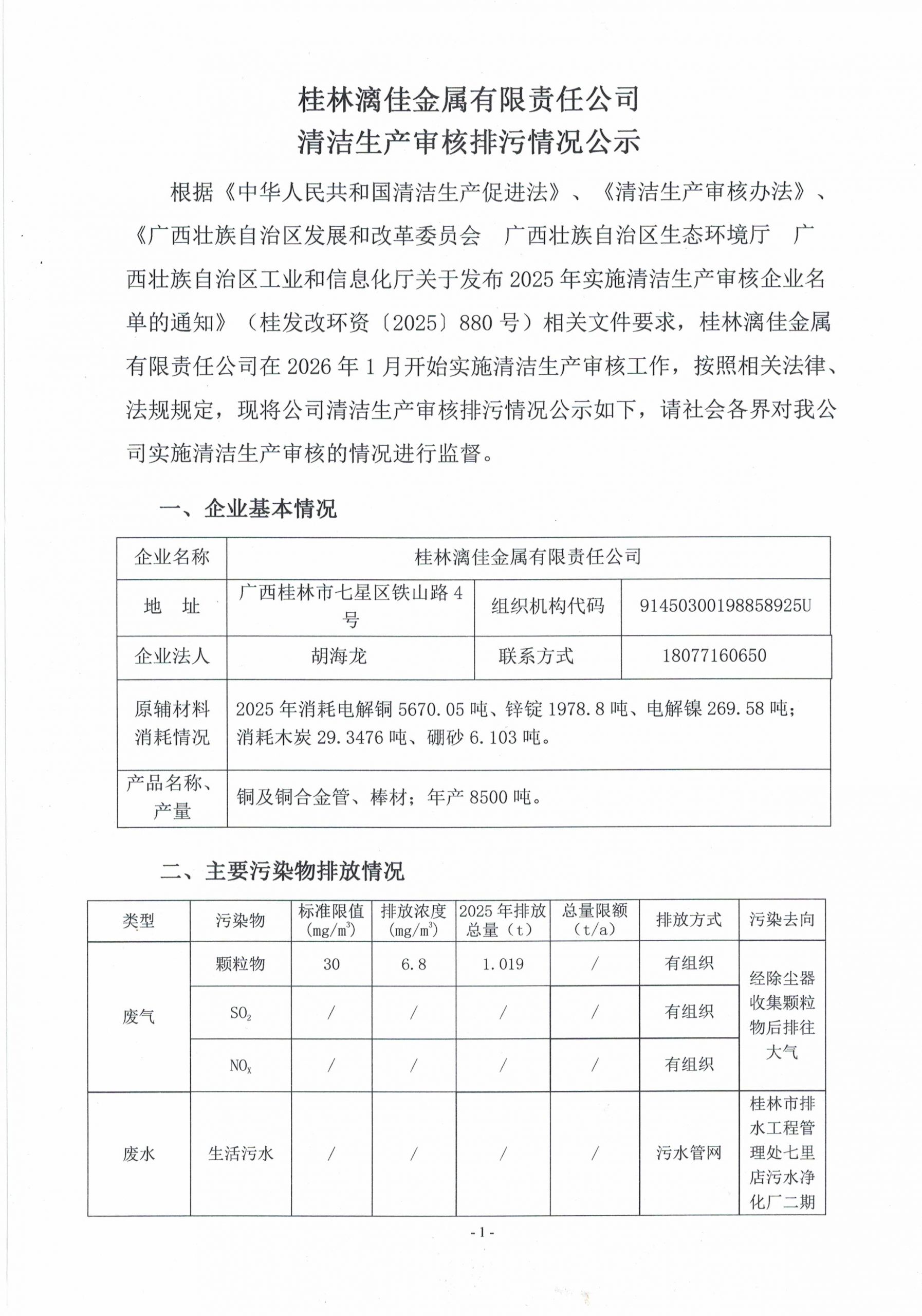 桂林漓佳金屬有限責(zé)任公司清潔生產(chǎn)審核排污情況公示